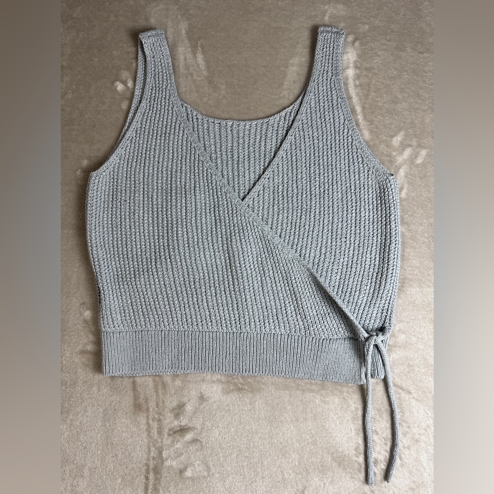 New Vince Tank Top Large Crossover Ribbed Cotton Sweater Gray‎ Fog Knit Side Tie - Picture 5 of 13